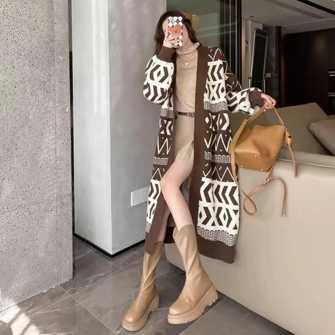 고급 패턴 여성 데일리 패션 여유 핏 롱 가디건 brown