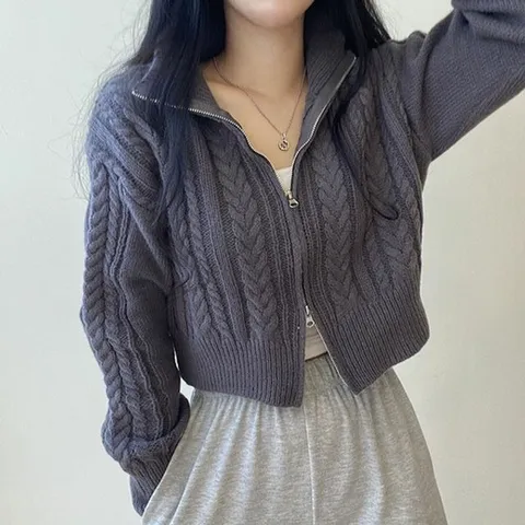 여성 투웨이 꽈베기 패턴 지퍼 크롭 가디건