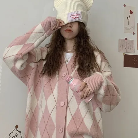 여성 봄 가을 아가일패턴 배색가디건 루즈핏 2컬러
