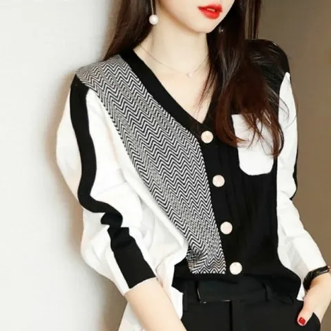 직장인 가디건 배색 반전 니트 네이비 금장단추 블랙