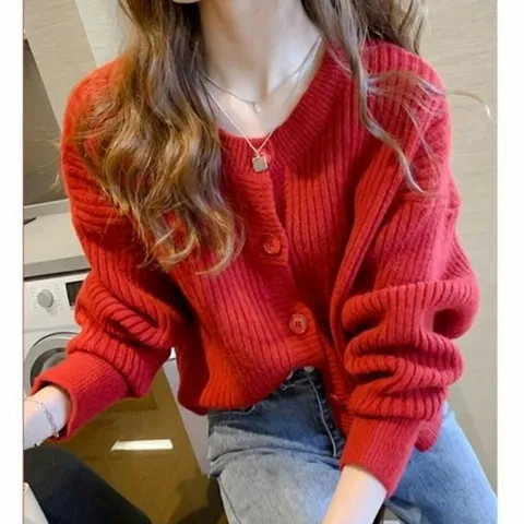 여자가디건 단추 여성가디건 외출 심플 귀여운 라운드