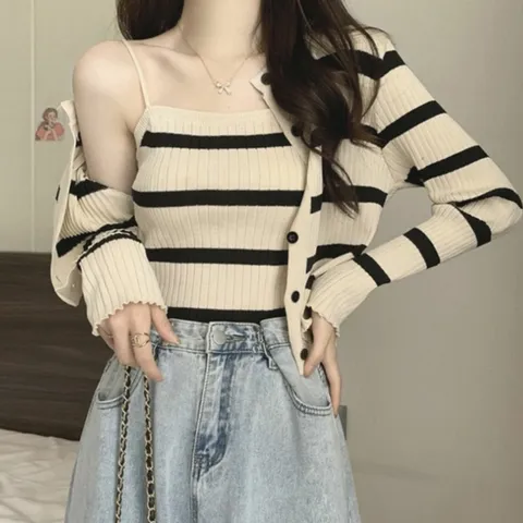 배색 단가라 패턴 여성 슬림핏 골지 나시 가디건 세트