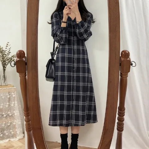긴팔 단아한 체크 롱원피스 깔끔한 캐주얼원피스