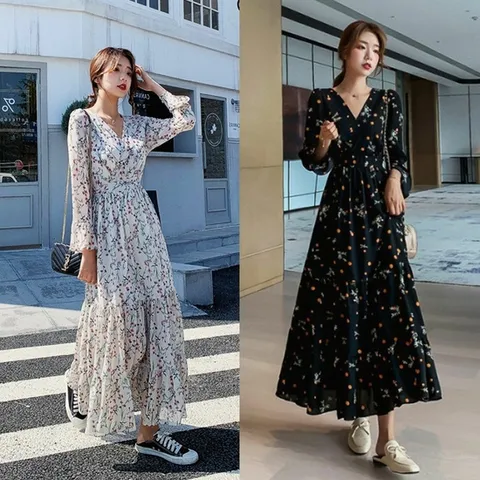 여성 예쁜 꽃무늬 패턴 브이넥 디자인 긴팔 롱 원피스