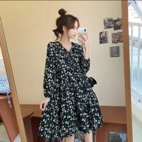 플라워 브이넥 봄 셔링 원피스