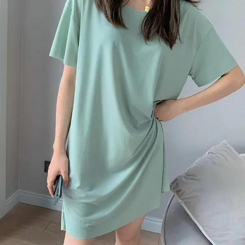 차르르 신축 슬림 베이직 무지 심플 여성 반팔 원피스