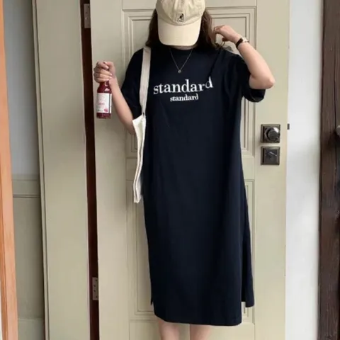 여성 베이직 영문 레터링 신축성 좋은 반팔 롱 원피스