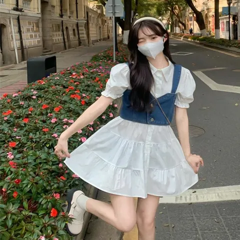 여자 여름 데님 크롭 뷔스티에 반팔 퍼프 셔츠 원피스