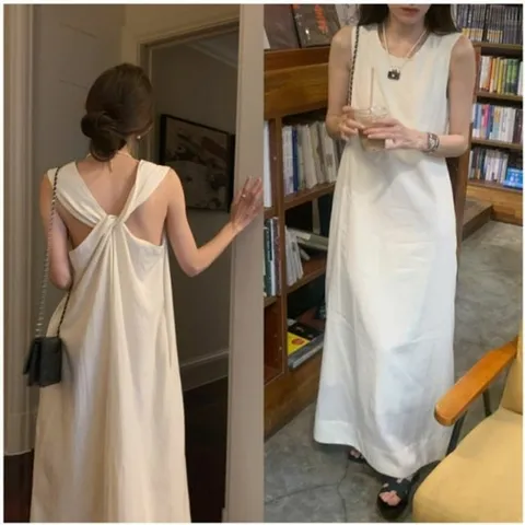 뒷꼬임 원피스 아이보리 인디핑크 민소매