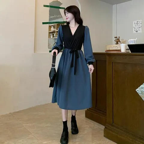 모던 A라인 플레어 리본 여성 1컬러 베이직 롱원피스