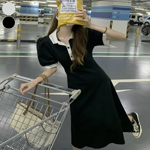 여성 배색 퍼프소매 반팔 카라 롱 원피스 러블리