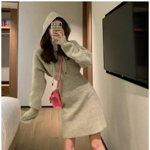 후드 니트원피스 미니 미니원피스