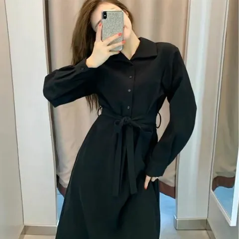 카라 버튼 허리끈 블랙 캐주얼 정장 롱 라인 원피스