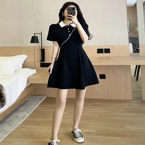 여성 하트단추 포인트 카라배색 미니 원피스 여름