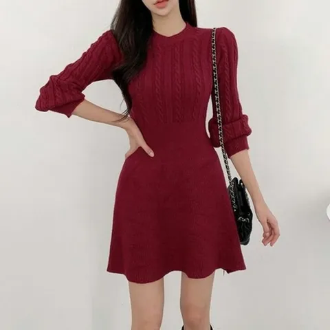 라운드넥 꽈배기 패턴 니트 미니원피스 원피스 A라인