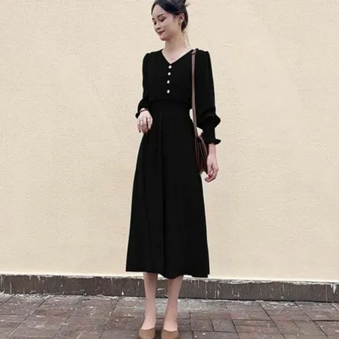 가을 코디 블랙 롱원피스 하객룩 셔링원피스 허리셔링