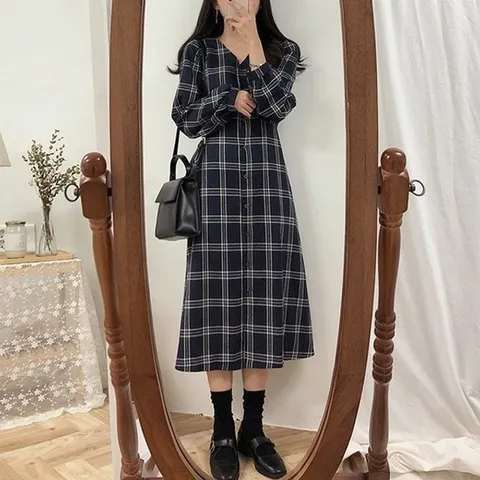 2컬러 체크패턴 캐주얼 원피스 롱원피스 OPC006N 베이