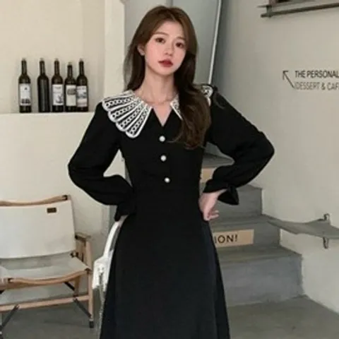 하이엔드 하객룩 롱 원피스 데이트룩 카라넥 레이스