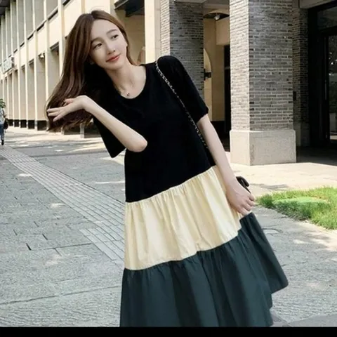 A라인 반팔 미디원피스 원피스 니트원피스 배색