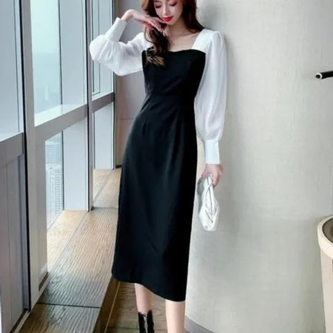 시스루 스퀘어넥 롱원피스 배색 컬러 원피스 볼륨핏