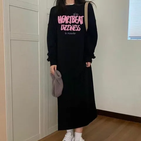여성 기모 안감 루즈핏 스타일 레터링 롱 원피스