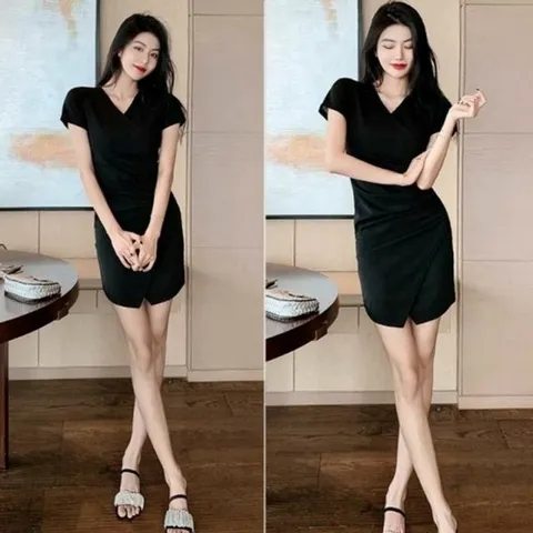 스타일링 블랙 미니 시크 브이넥 무드 블랙하객룩원피