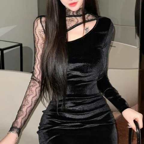 시스루 골피아 벨벳 여성의류 여성원피스 원숄더 미니