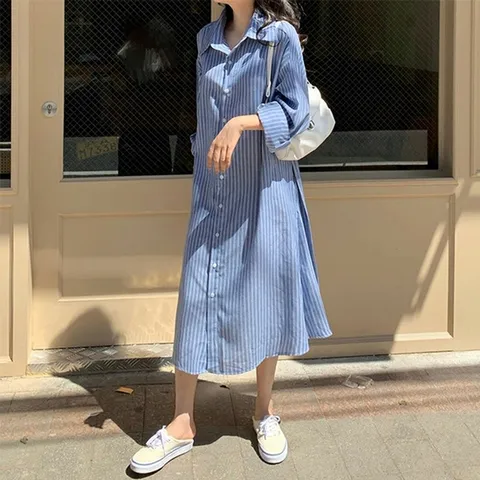 허리끈 데일리 1P 스트라이프 루즈핏원피스 셔츠 루즈