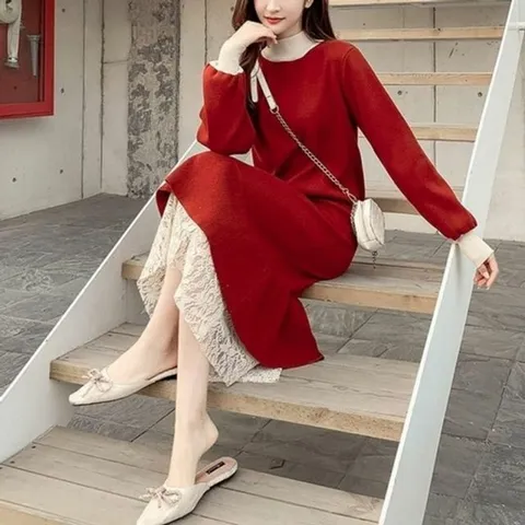 반폴라 레이스 포인트 st 레이어드 미니원피스 배색