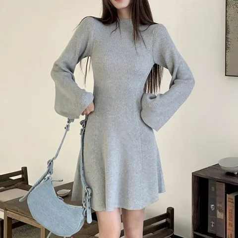 슬림핏 미니 데일리원피스 하이넥 낮은 니트 골지 여