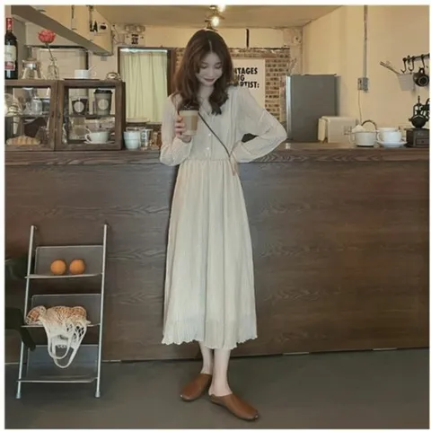 롱원피스 주름 원피스 브이넥
