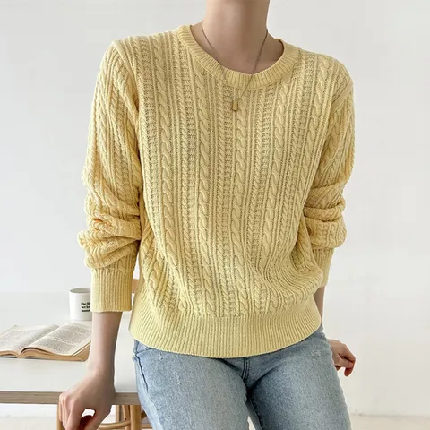 포그니 국산 여성 라운드 봄 레귤러핏 데일리 꽈배기 니트 티셔츠 21DS-WKN-3130-옐로우