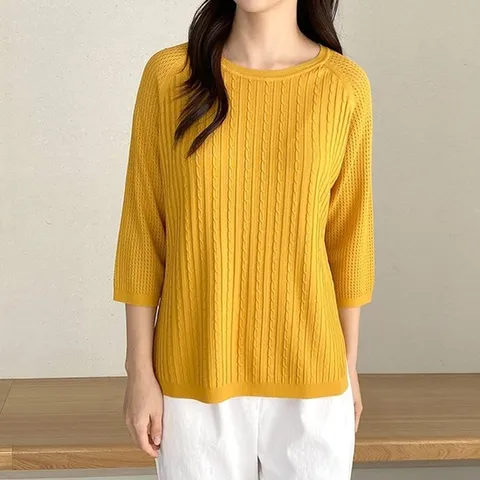 [애슬릿] 라운드 옆트임 칼라 꽈배기 케이블 봄 니트