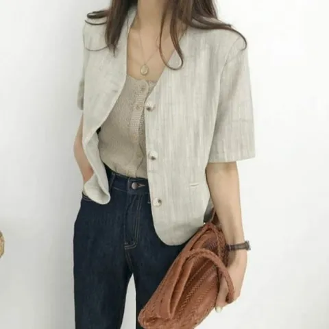 반팔자켓 반팔린넨자켓 자켓 린넨자켓 노카라 크롭자