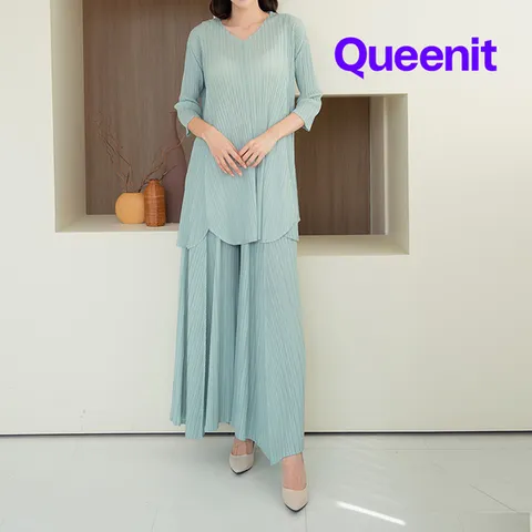 [플리츠31] [~88까지] 브이 와이드 롱 플리츠 블라우스+팬츠SET_QK3MSE009C