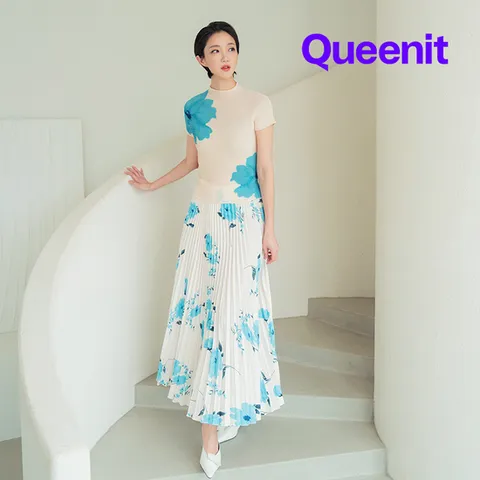 [플리츠31] [~88까지] 워터 플라워 플리츠 블라우스+스커트SET_QK3SSE005C