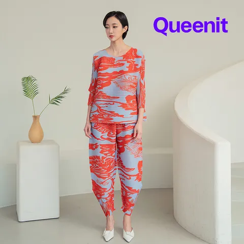 [플리츠31] [~88까지] 플라워 스템프 플리츠 블라우스+팬츠SET_QK3SSE009A