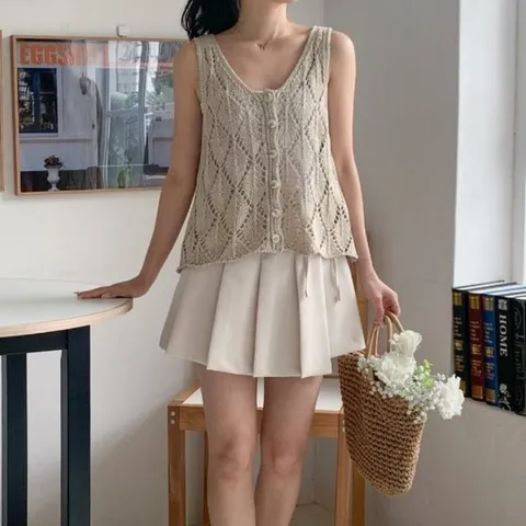 여자 여름 빈티지 에스닉 그물 짜임 민소매 조끼 니트