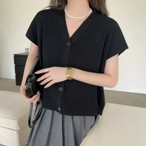 여자 여름 베이직 캡소매 프릴 브이넥 반팔 가디건