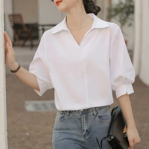 여자 여름 기본 베이직 오픈 카라넥 뒷단추 블라우스