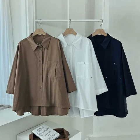 여자 여름 심플 스티치 포켓 코튼 루즈핏 플레어 셔츠