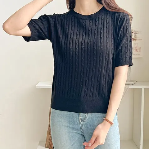 여자 여름 꽈배기 라운드넥 얇은니트 기본 반팔 니트