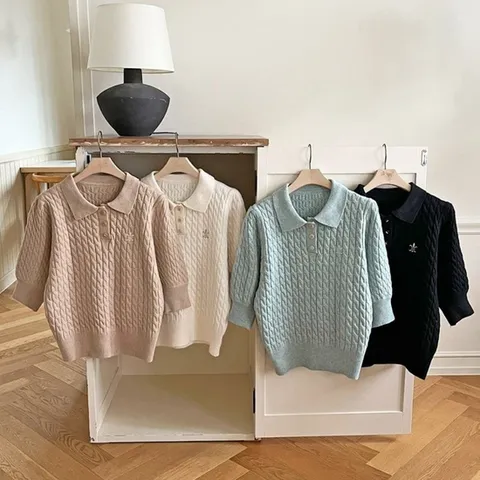 여자 여름 미니 케이블 단추 카라넥 쫀쫀 시보리 니트