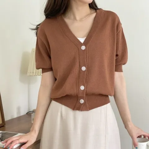 여자 썸머 린넨 데일리 보석 단추 브이넥 반팔 가디건