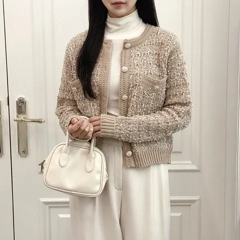 여자 봄가을 하객 헤어리 트위드 라운드 니트 가디건