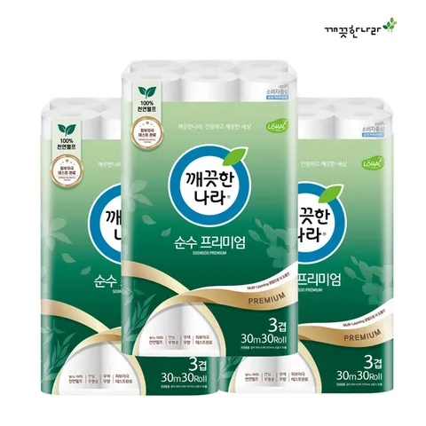 [깨끗한나라] 3겹 순수 프리미엄 30m 30롤 x 3팩