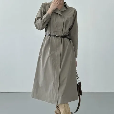 여자 하객룩 슬림벨트 카라넥 뒷밴딩 가을 롱원피스