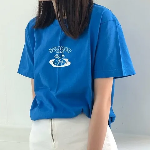 [험블스튜디오] 썸머홀리데이베어 루즈핏 여성반팔티 블루