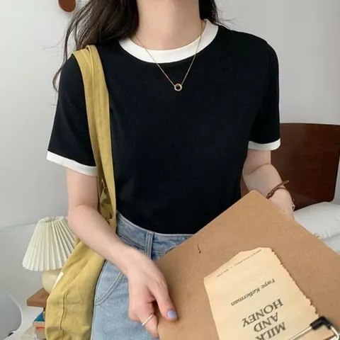[깨비몰] 여자 라운드 배색 반팔티 봄 여름 티셔츠