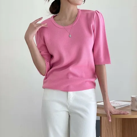 여자 분홍색 빨간색 무지 라운드 셔링 가을반팔 니트